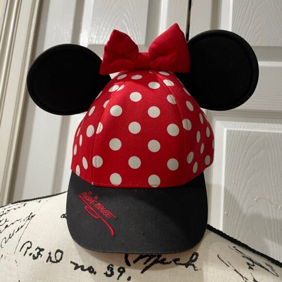 Disneyland MINNIE MOUSE BASBALL CAP POLKA DOOTS BOW KAWAII HAT RED BLACK - Picture 9 of 10
